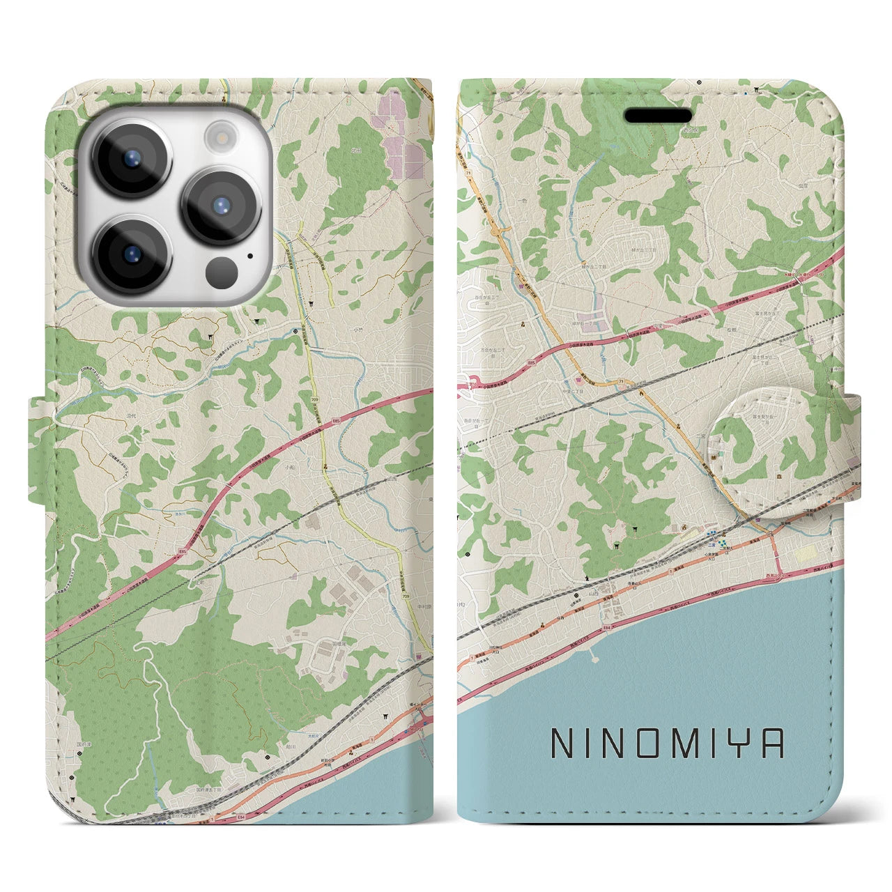 【二宮】地図柄iPhoneケース（手帳両面タイプ・ナチュラル）iPhone 14 Pro 用