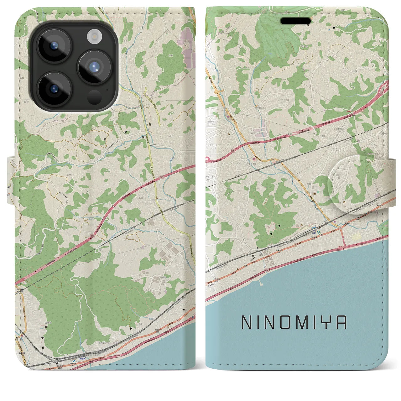 【二宮】地図柄iPhoneケース（手帳両面タイプ・ナチュラル）iPhone 15 Pro Max 用