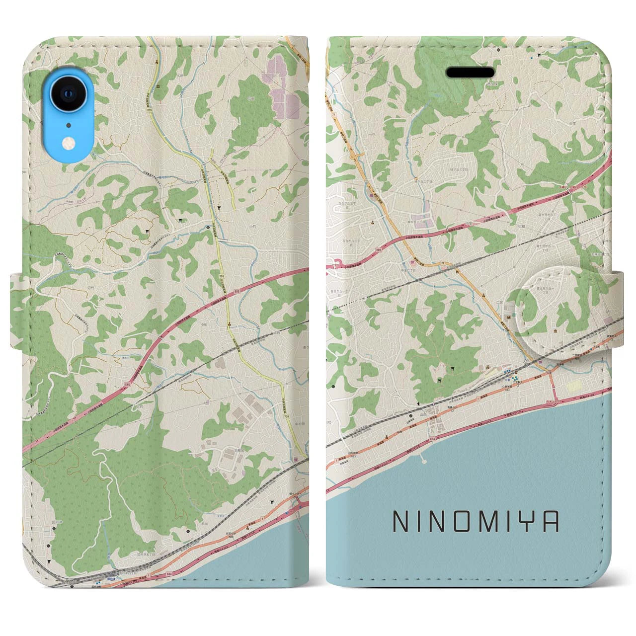 【二宮】地図柄iPhoneケース（手帳両面タイプ・ナチュラル）iPhone XR 用