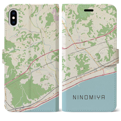 【二宮（神奈川県）】地図柄iPhoneケース（手帳タイプ）ナチュラル・iPhone XS Max 用