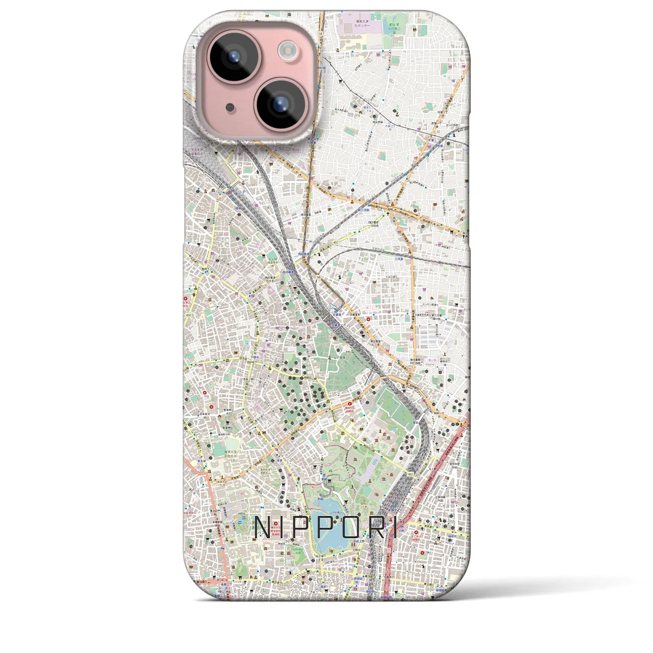 【日暮里】地図柄iPhoneケース（バックカバータイプ・ナチュラル）iPhone 15 Plus 用