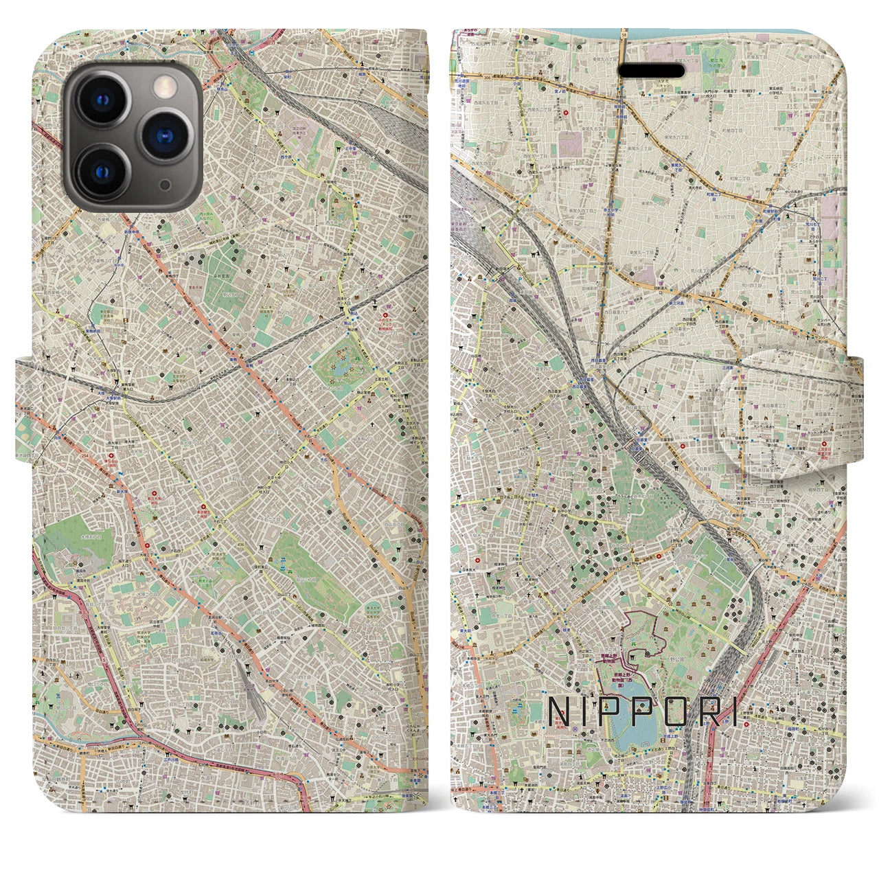 【日暮里】地図柄iPhoneケース（手帳両面タイプ・ナチュラル）iPhone 11 Pro Max 用