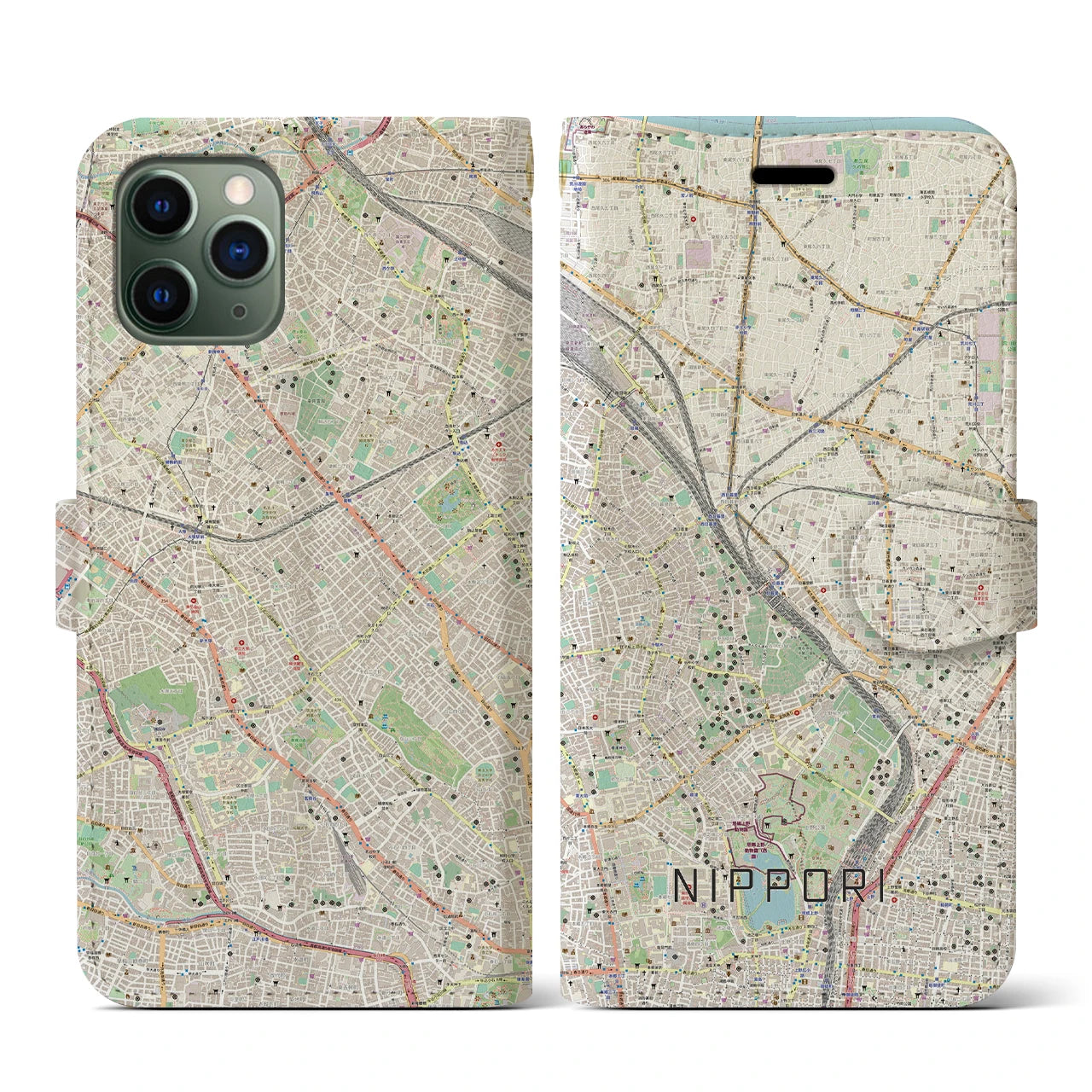 【日暮里】地図柄iPhoneケース（手帳両面タイプ・ナチュラル）iPhone 11 Pro 用