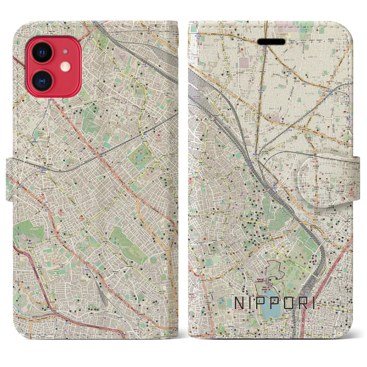 【日暮里】地図柄iPhoneケース（手帳両面タイプ・ナチュラル）iPhone 11 用