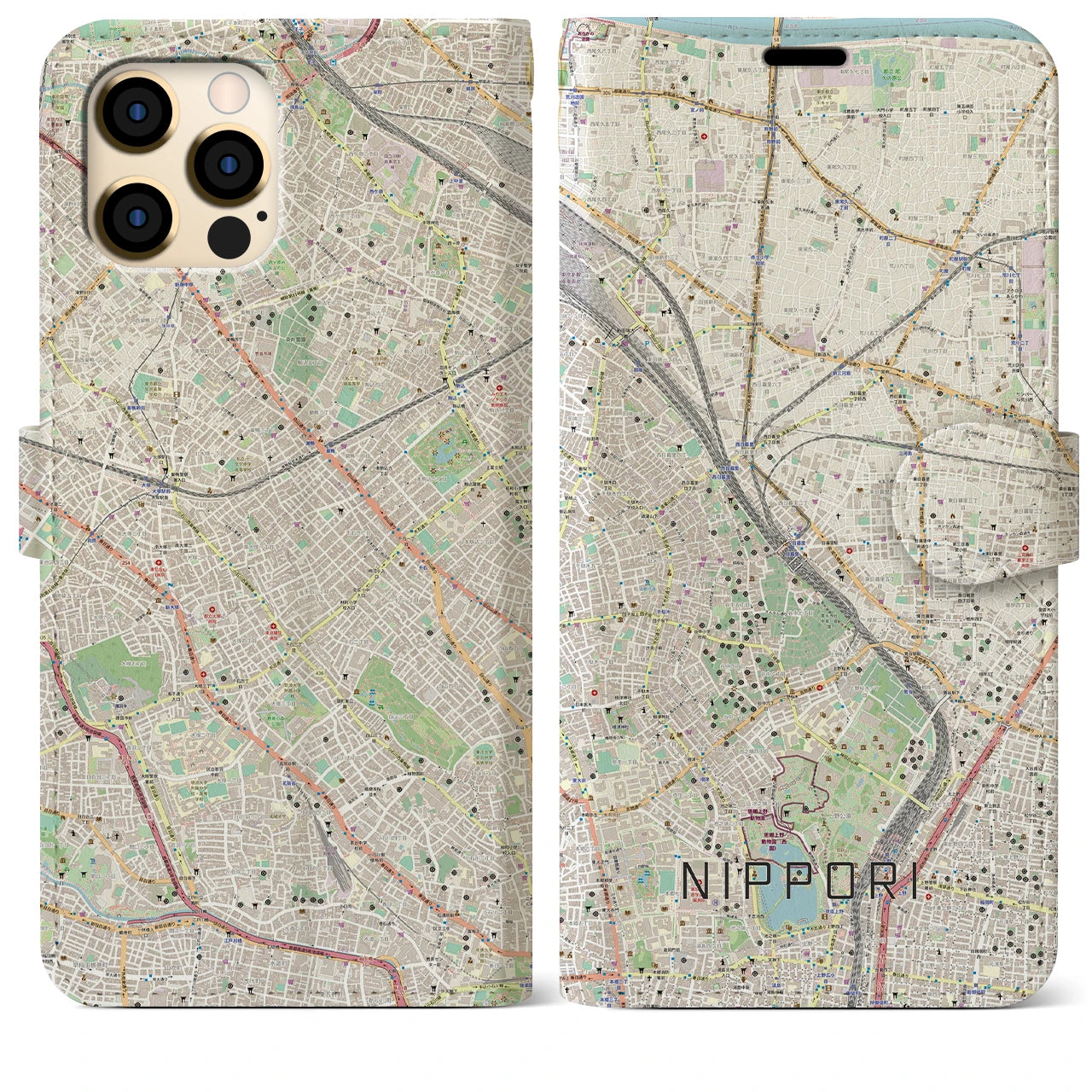 【日暮里】地図柄iPhoneケース（手帳両面タイプ・ナチュラル）iPhone 12 Pro Max 用