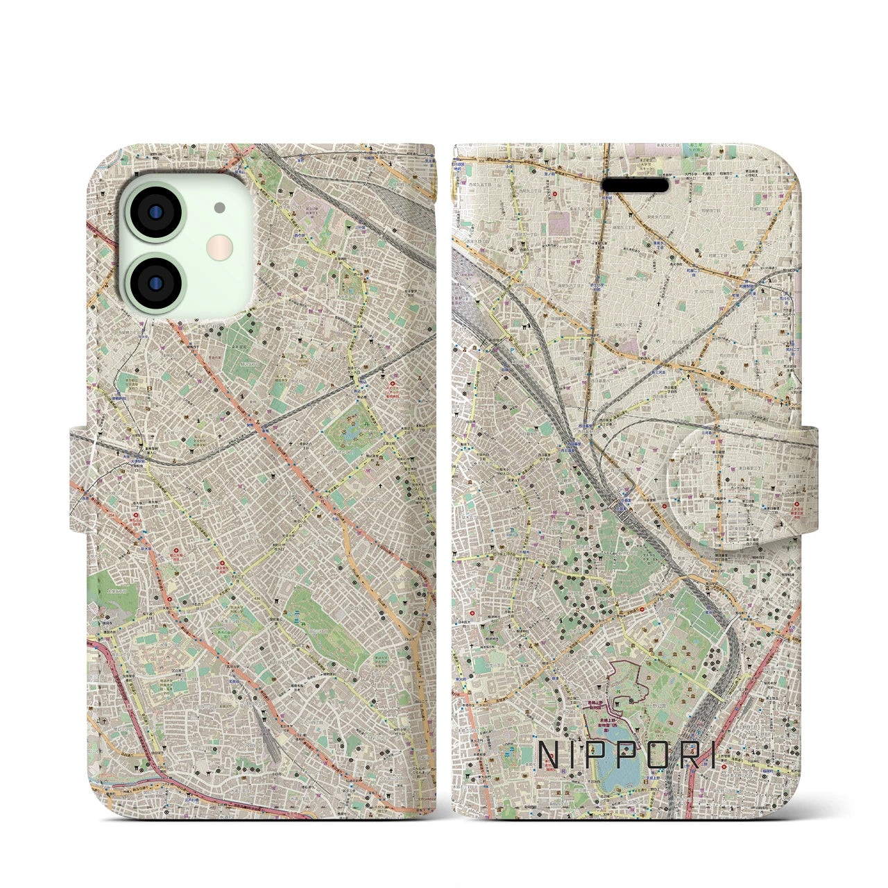 【日暮里】地図柄iPhoneケース（手帳両面タイプ・ナチュラル）iPhone 12 mini 用