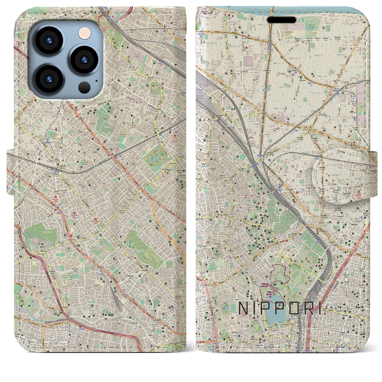 【日暮里】地図柄iPhoneケース（手帳両面タイプ・ナチュラル）iPhone 13 Pro Max 用