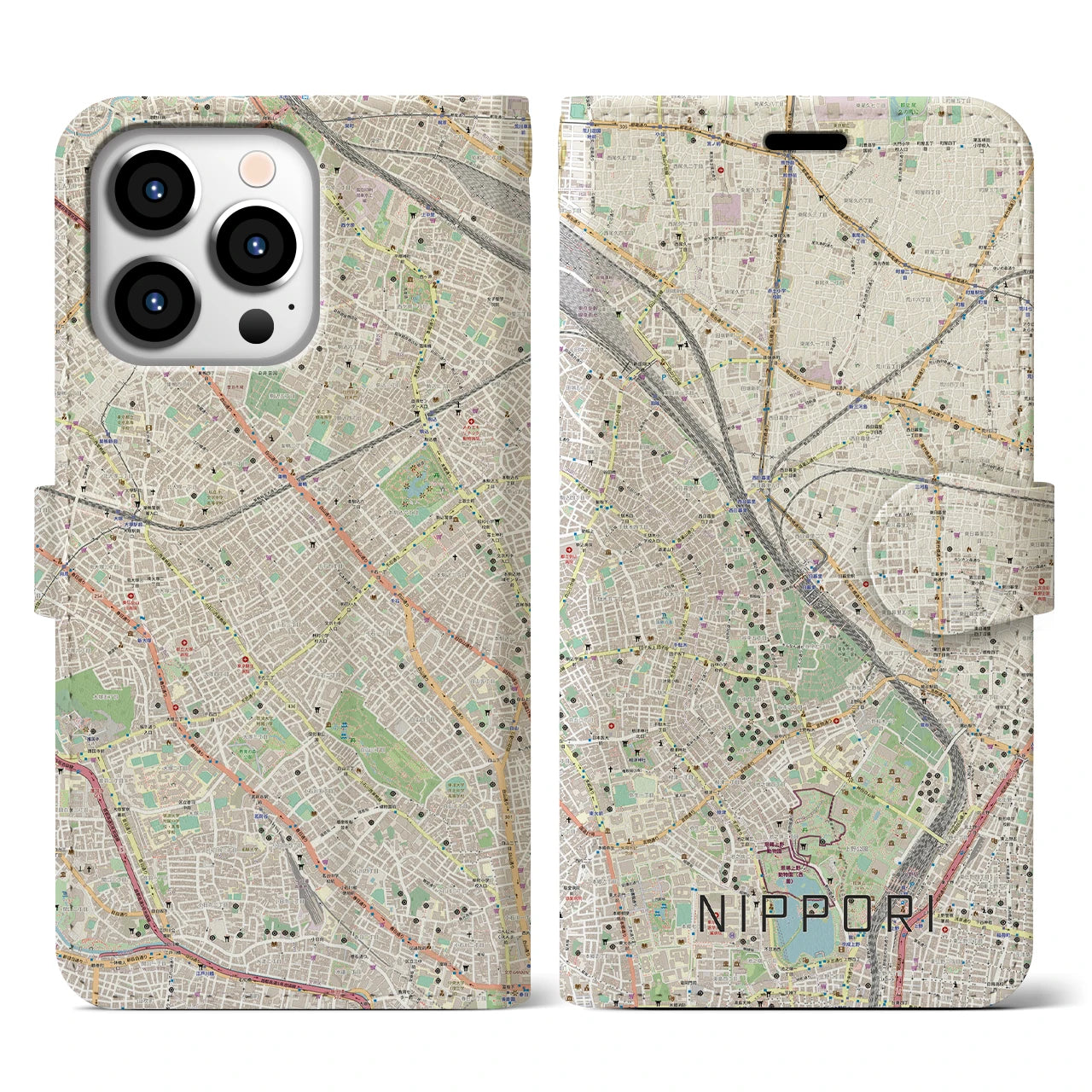 【日暮里】地図柄iPhoneケース（手帳両面タイプ・ナチュラル）iPhone 13 Pro 用