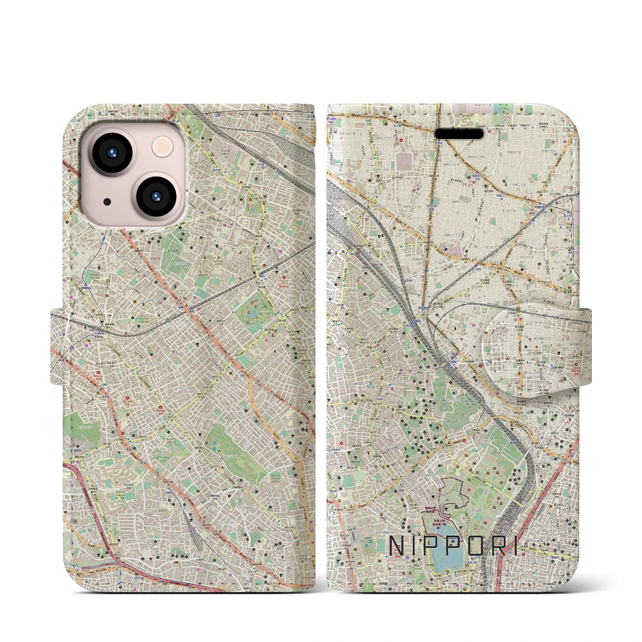 【日暮里】地図柄iPhoneケース（手帳両面タイプ・ナチュラル）iPhone 13 mini 用