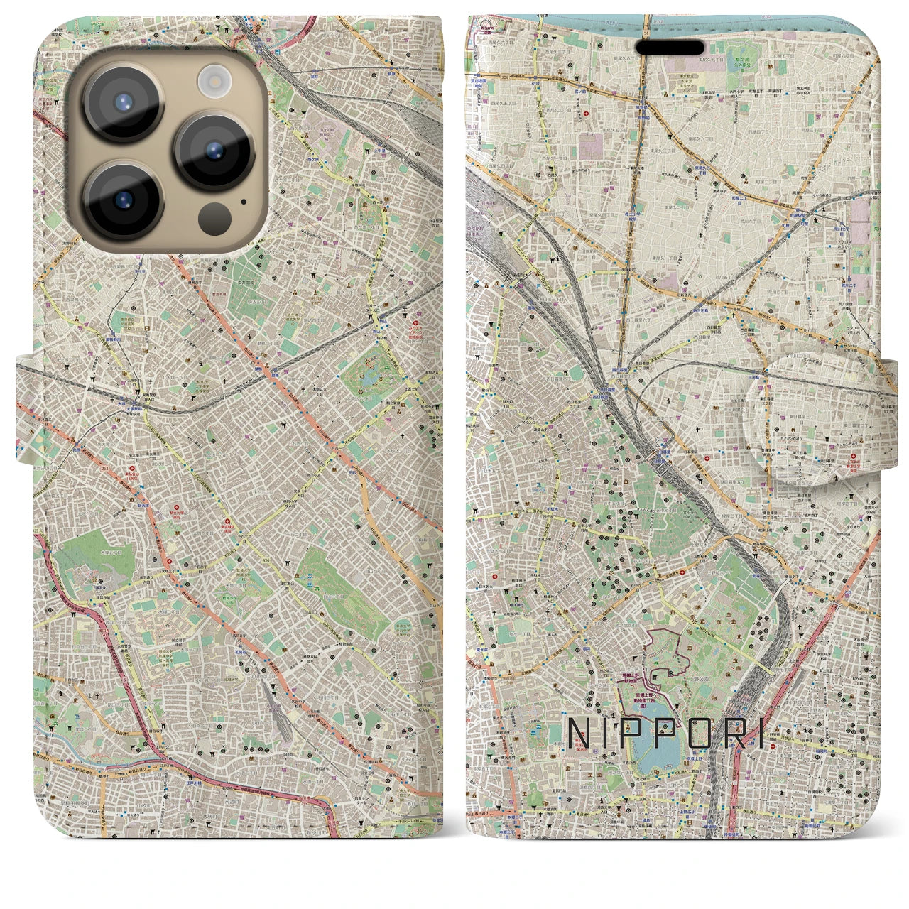 【日暮里】地図柄iPhoneケース（手帳両面タイプ・ナチュラル）iPhone 14 Pro Max 用