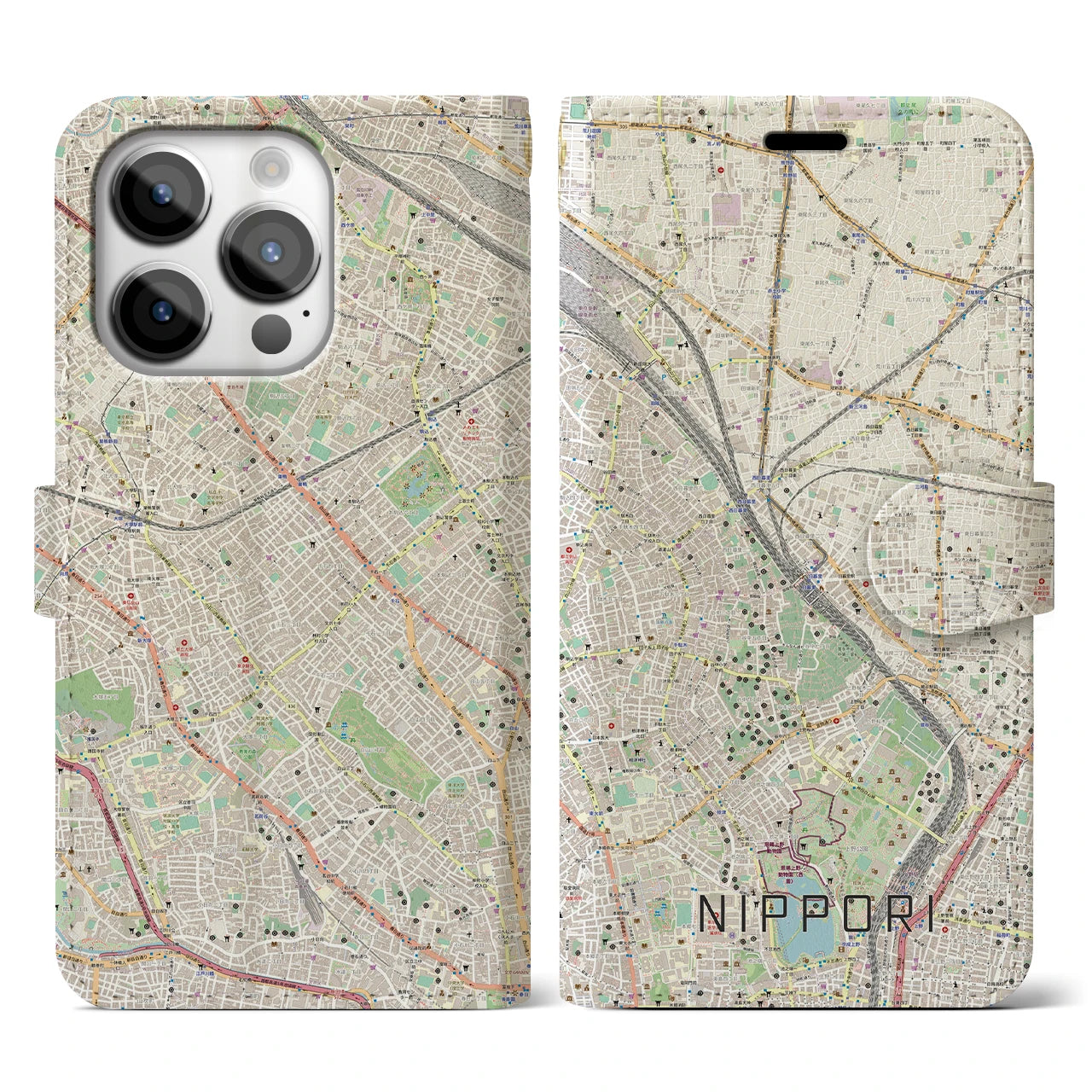 【日暮里】地図柄iPhoneケース（手帳両面タイプ・ナチュラル）iPhone 14 Pro 用