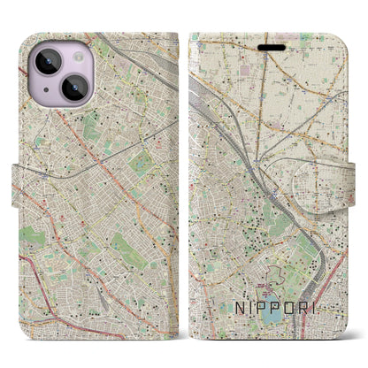 【日暮里（東京都）】地図柄iPhoneケース（手帳タイプ）ナチュラル・iPhone 14 用