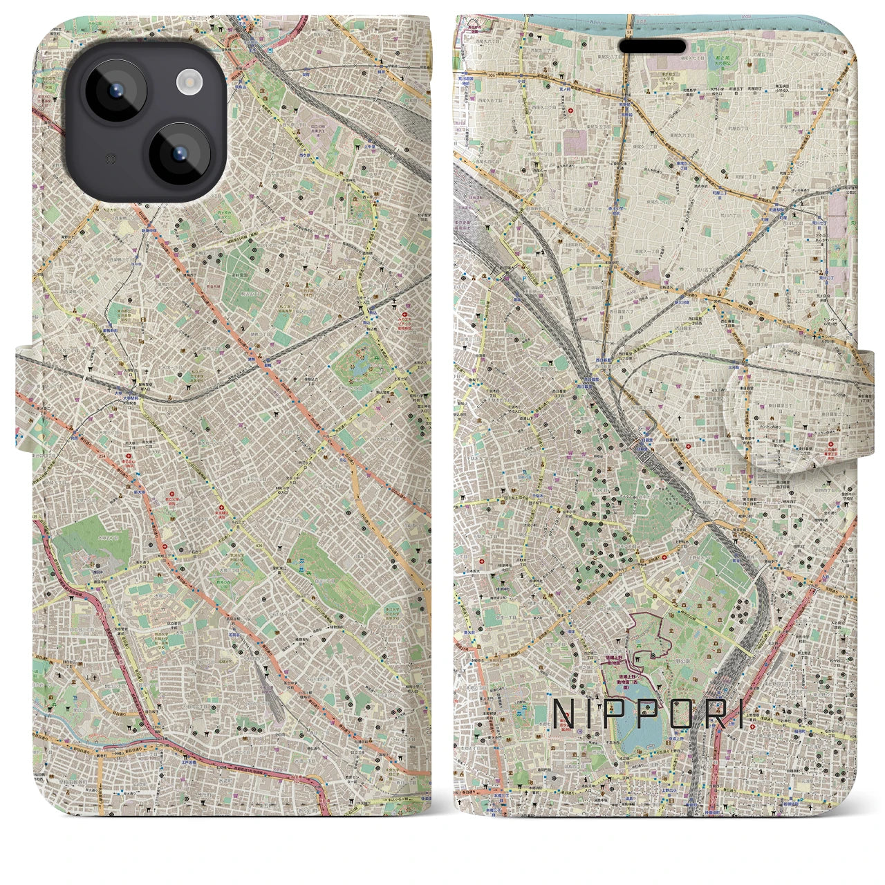 【日暮里】地図柄iPhoneケース（手帳両面タイプ・ナチュラル）iPhone 14 Plus 用
