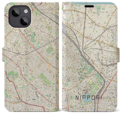 【日暮里（東京都）】地図柄iPhoneケース（手帳タイプ）ナチュラル・iPhone 14 Plus 用