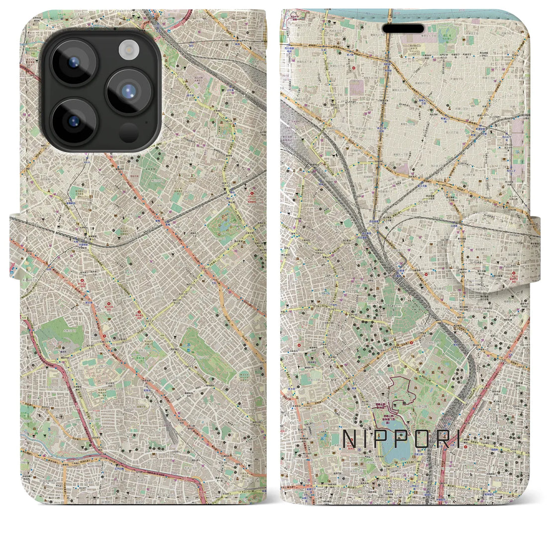 【日暮里】地図柄iPhoneケース（手帳両面タイプ・ナチュラル）iPhone 15 Pro Max 用