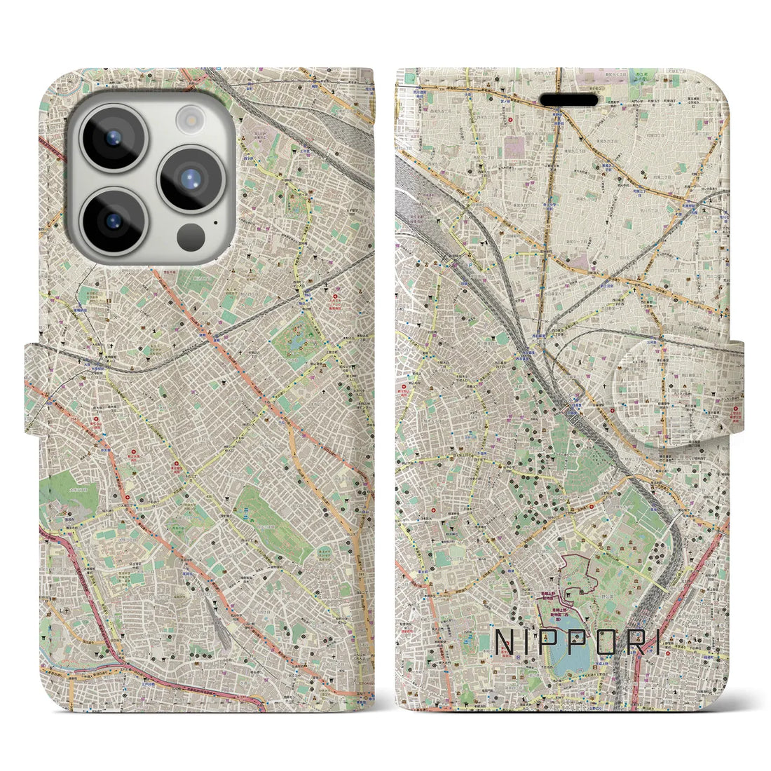 【日暮里】地図柄iPhoneケース（手帳両面タイプ・ナチュラル）iPhone 15 Pro 用