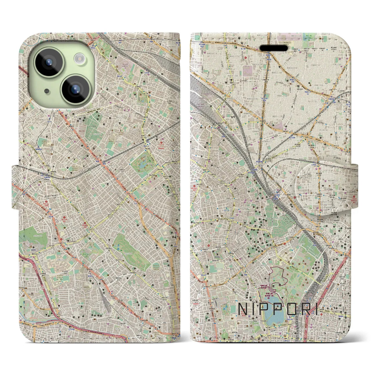 【日暮里】地図柄iPhoneケース（手帳両面タイプ・ナチュラル）iPhone 15 用