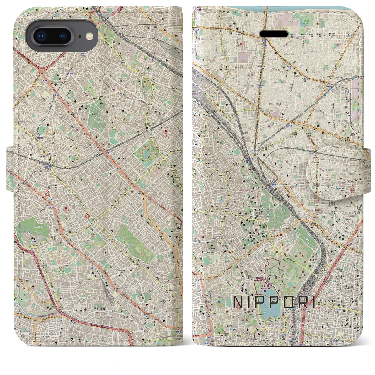 【日暮里】地図柄iPhoneケース（手帳両面タイプ・ナチュラル）iPhone 8Plus /7Plus / 6sPlus / 6Plus 用