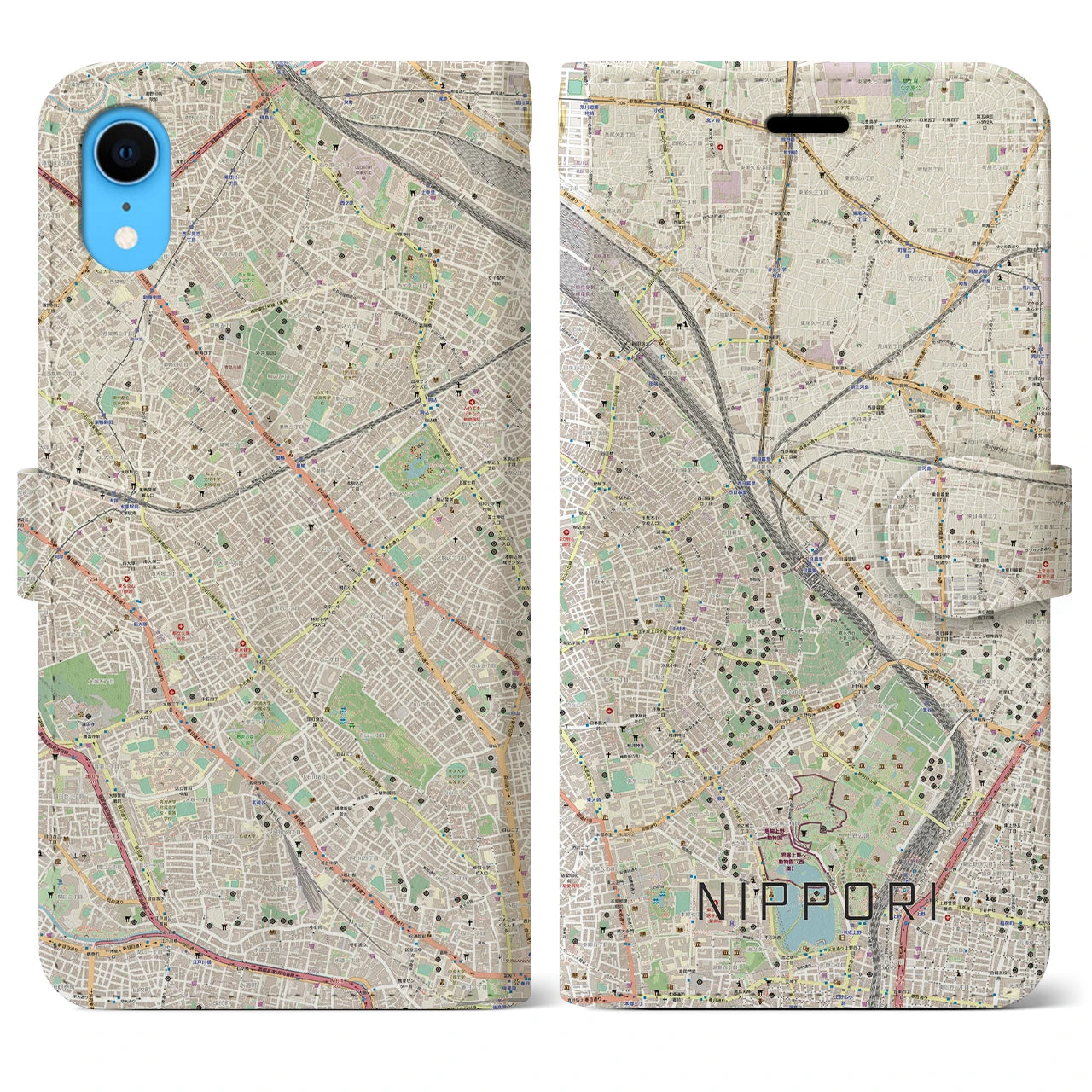 【日暮里】地図柄iPhoneケース（手帳両面タイプ・ナチュラル）iPhone XR 用