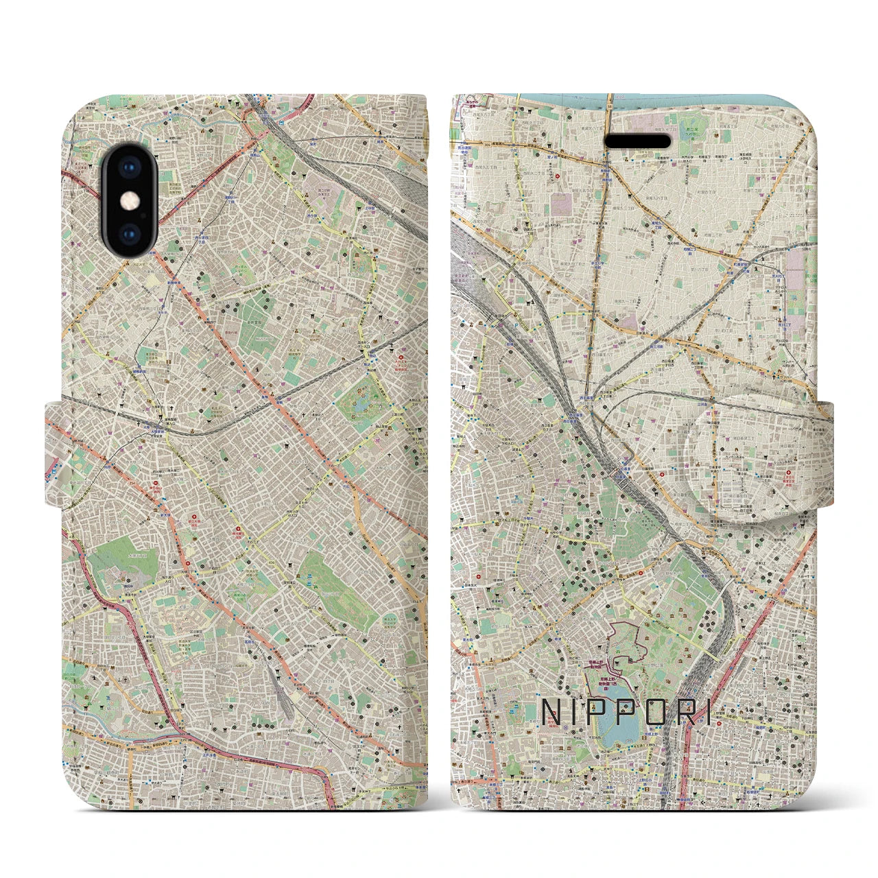 【日暮里】地図柄iPhoneケース（手帳両面タイプ・ナチュラル）iPhone XS / X 用