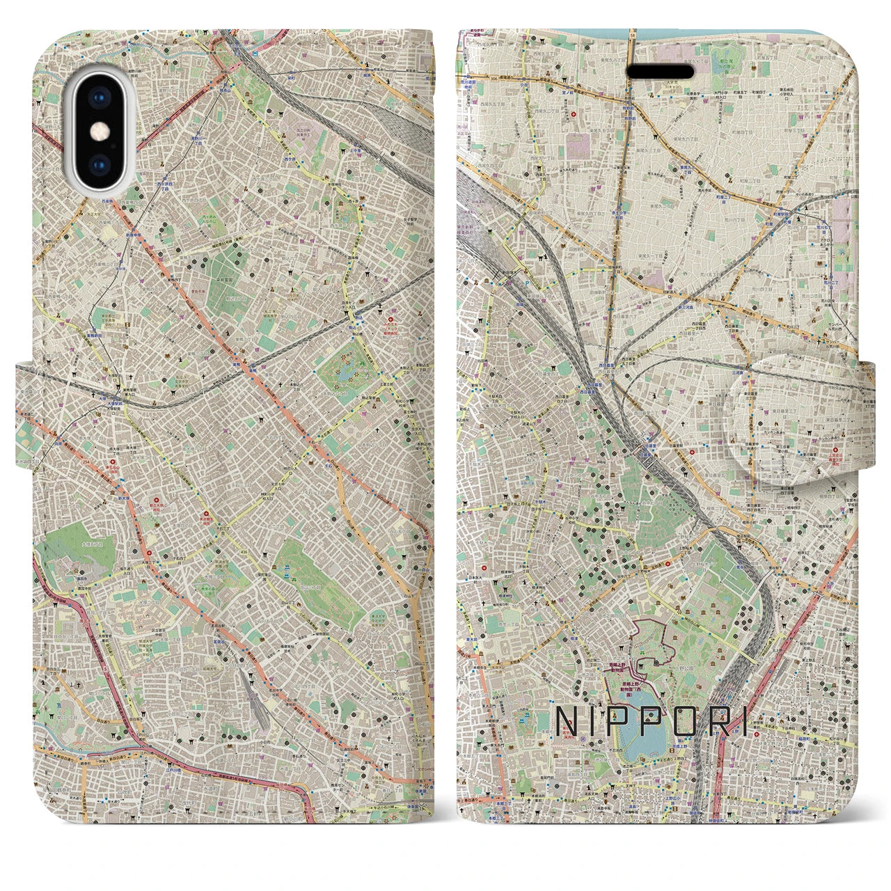 【日暮里】地図柄iPhoneケース（手帳両面タイプ・ナチュラル）iPhone XS Max 用