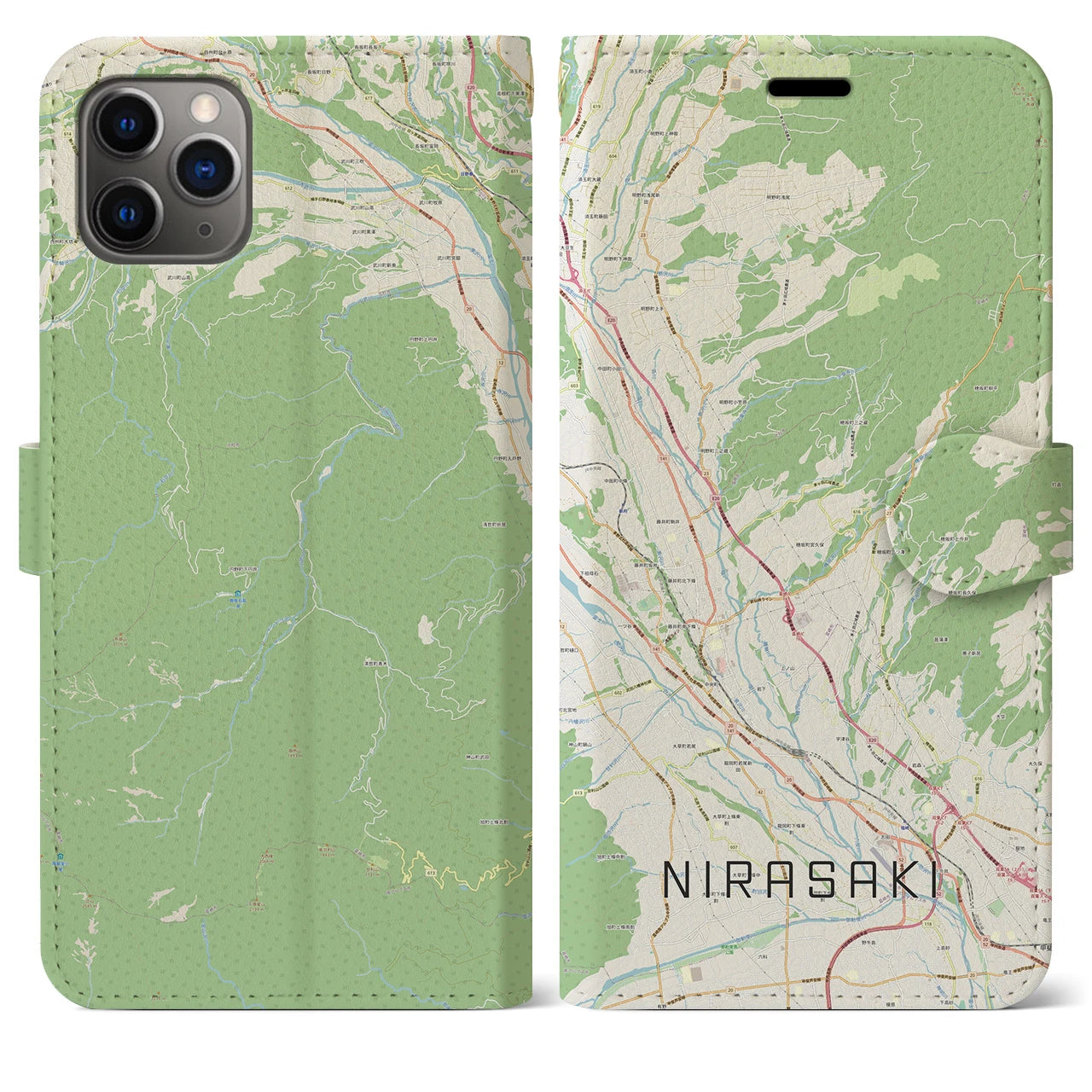 【韮崎】地図柄iPhoneケース（手帳両面タイプ・ナチュラル）iPhone 11 Pro Max 用