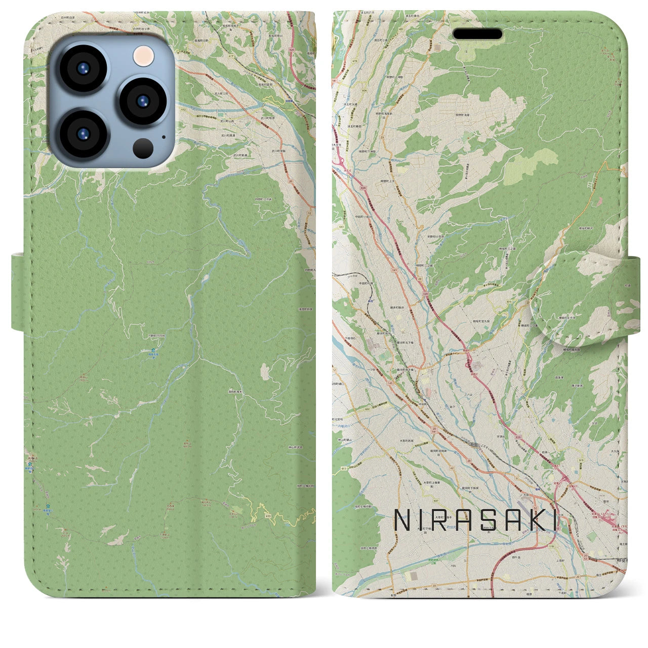 【韮崎】地図柄iPhoneケース（手帳両面タイプ・ナチュラル）iPhone 13 Pro Max 用