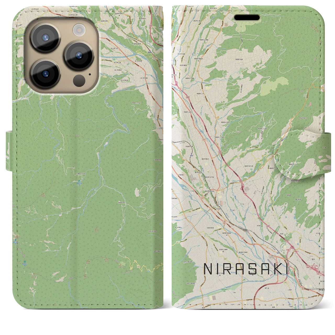 【韮崎】地図柄iPhoneケース（手帳両面タイプ・ナチュラル）iPhone 14 Pro Max 用
