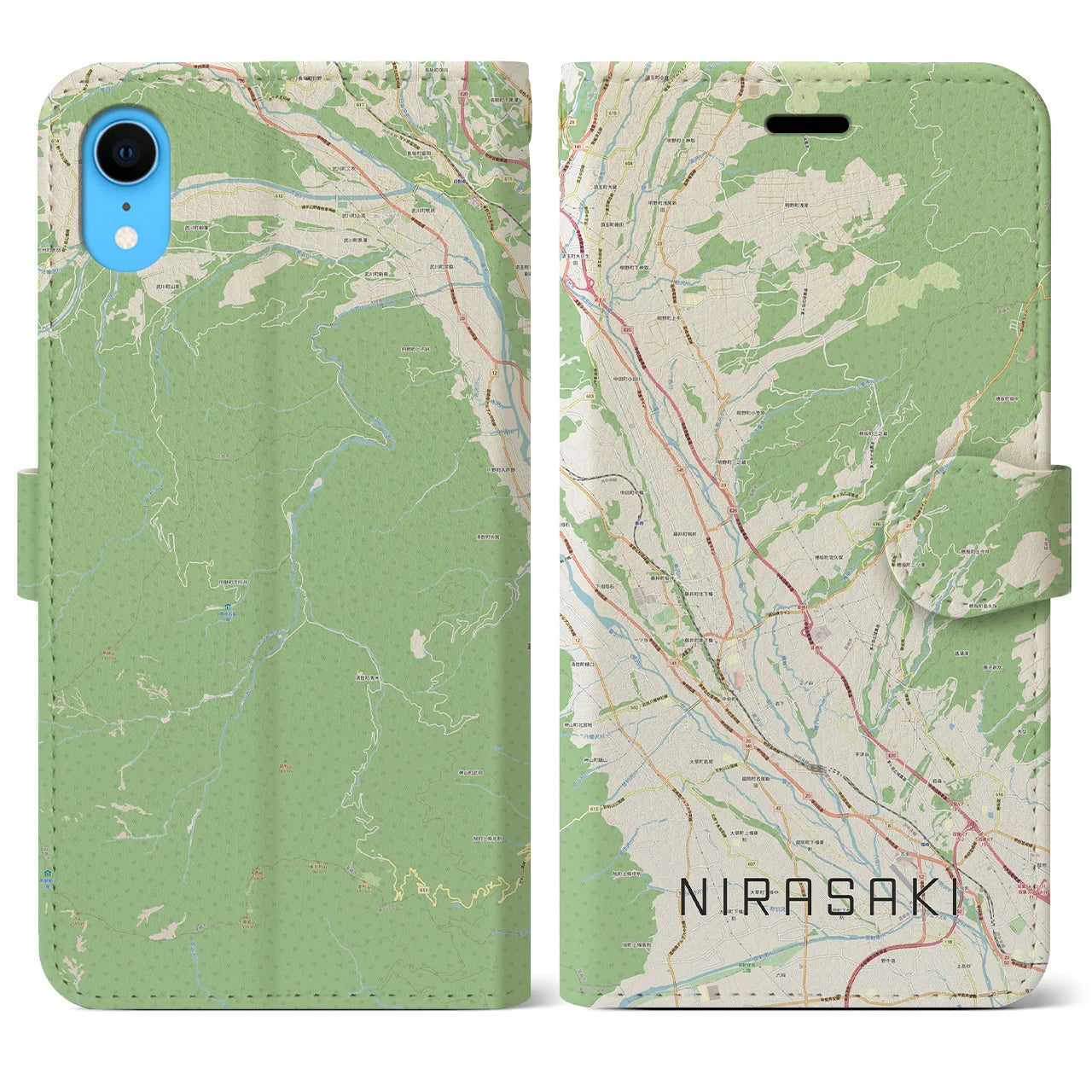 【韮崎】地図柄iPhoneケース（手帳両面タイプ・ナチュラル）iPhone XR 用