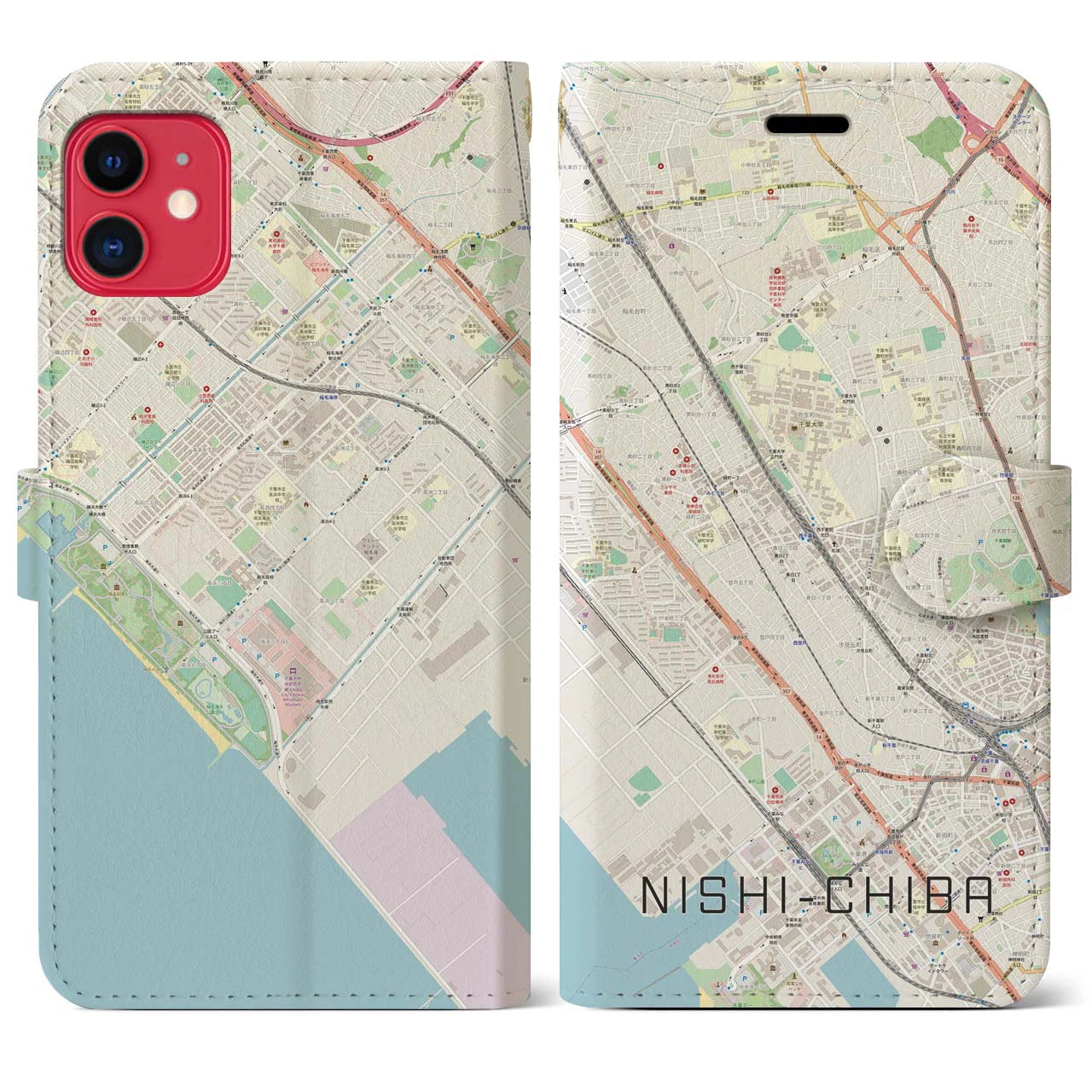 【西千葉】地図柄iPhoneケース（手帳両面タイプ・ナチュラル）iPhone 11 用