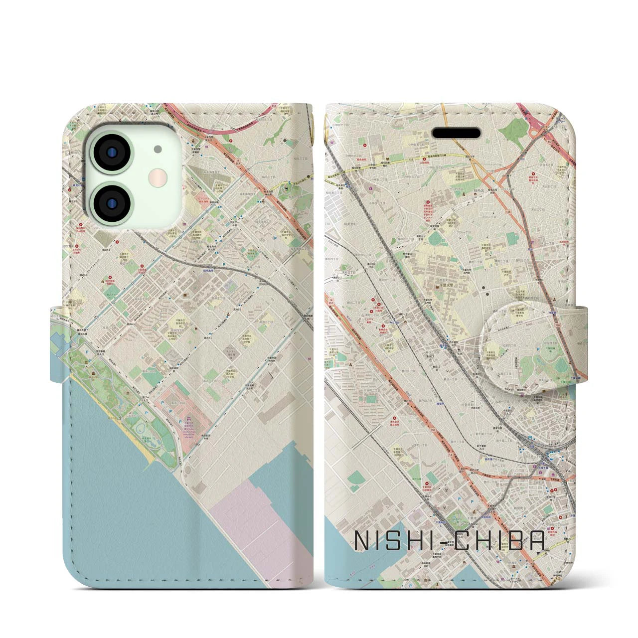 【西千葉】地図柄iPhoneケース（手帳両面タイプ・ナチュラル）iPhone 12 mini 用
