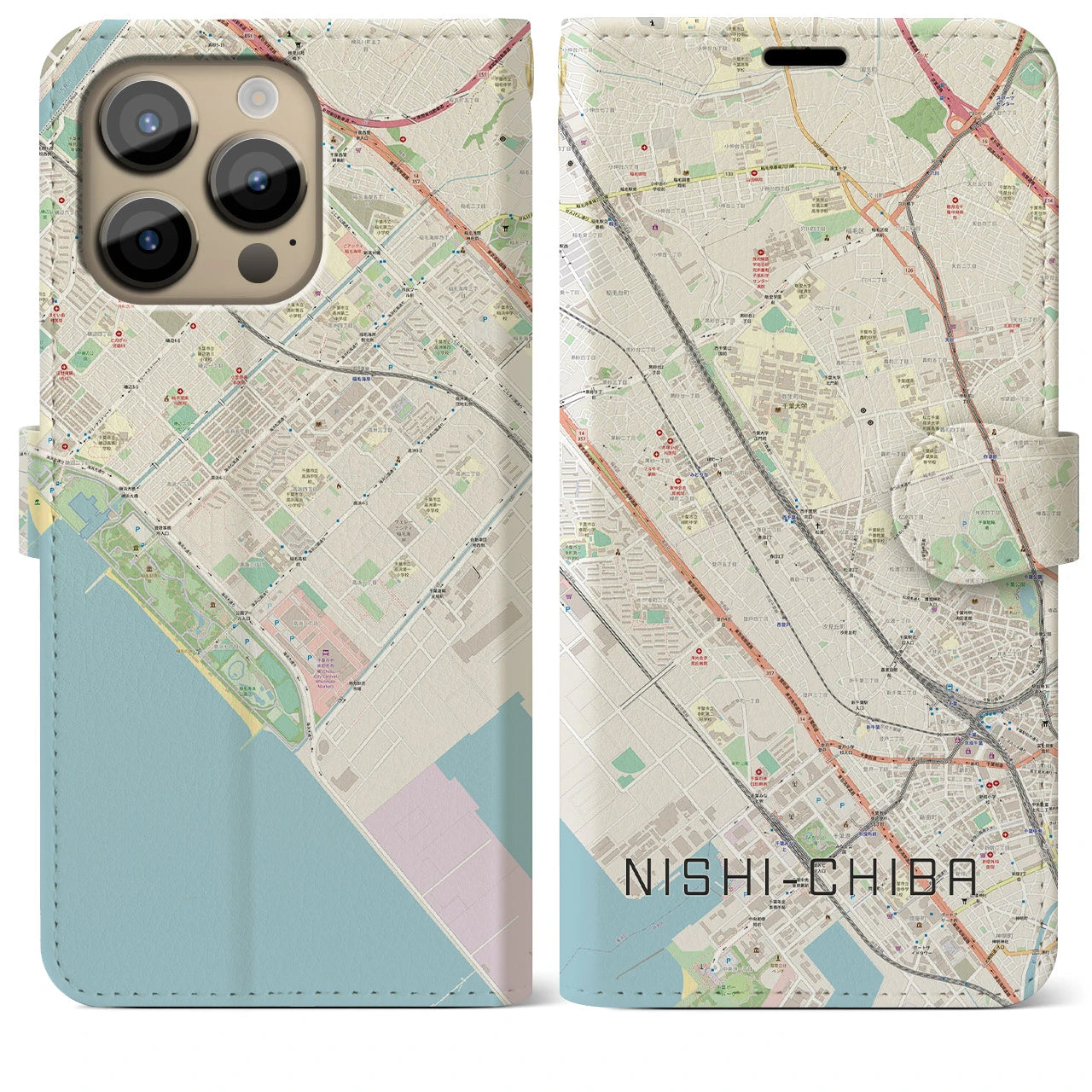 【西千葉】地図柄iPhoneケース（手帳両面タイプ・ナチュラル）iPhone 14 Pro Max 用