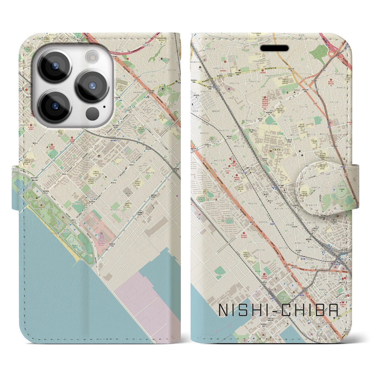 【西千葉】地図柄iPhoneケース（手帳両面タイプ・ナチュラル）iPhone 14 Pro 用