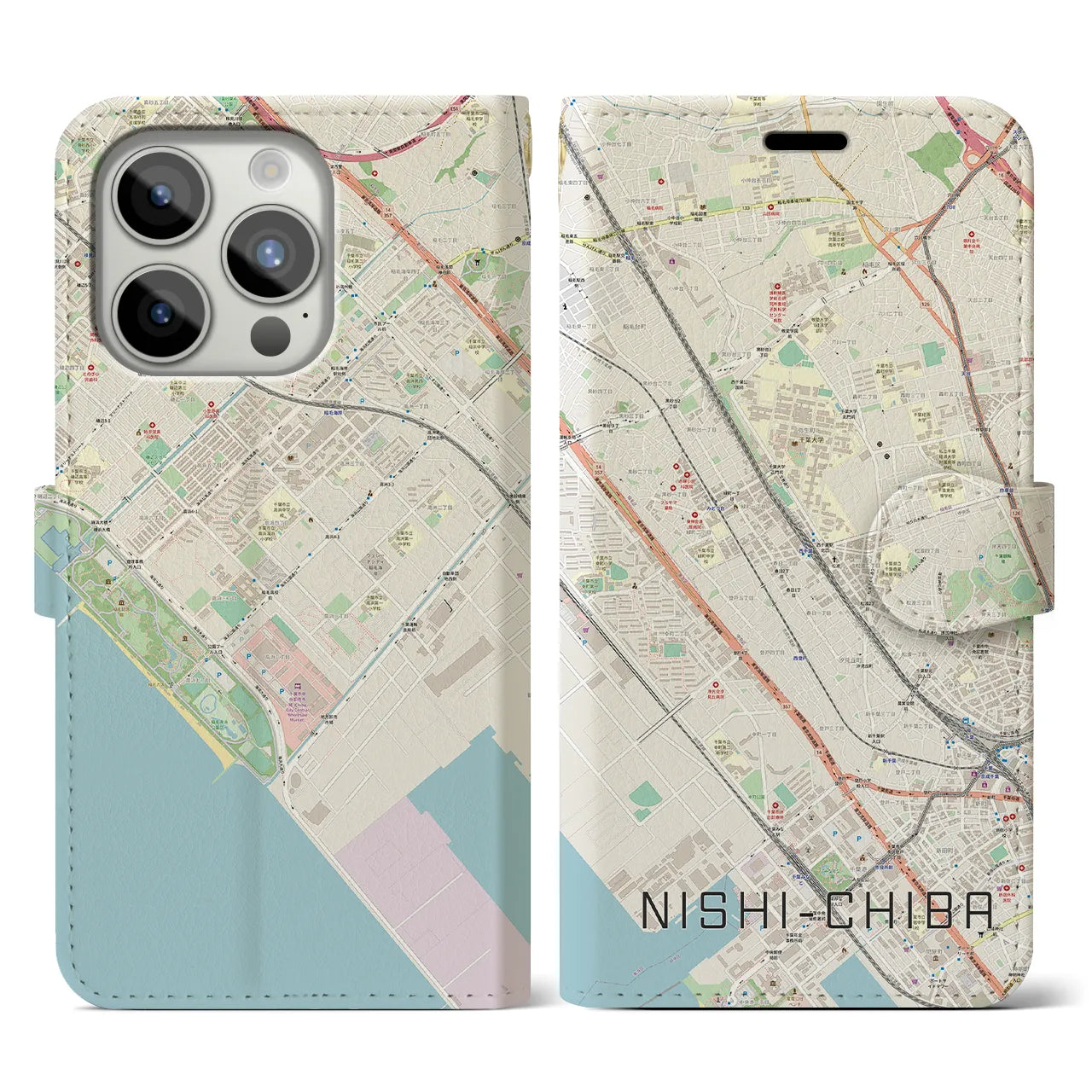 【西千葉】地図柄iPhoneケース（手帳両面タイプ・ナチュラル）iPhone 15 Pro 用