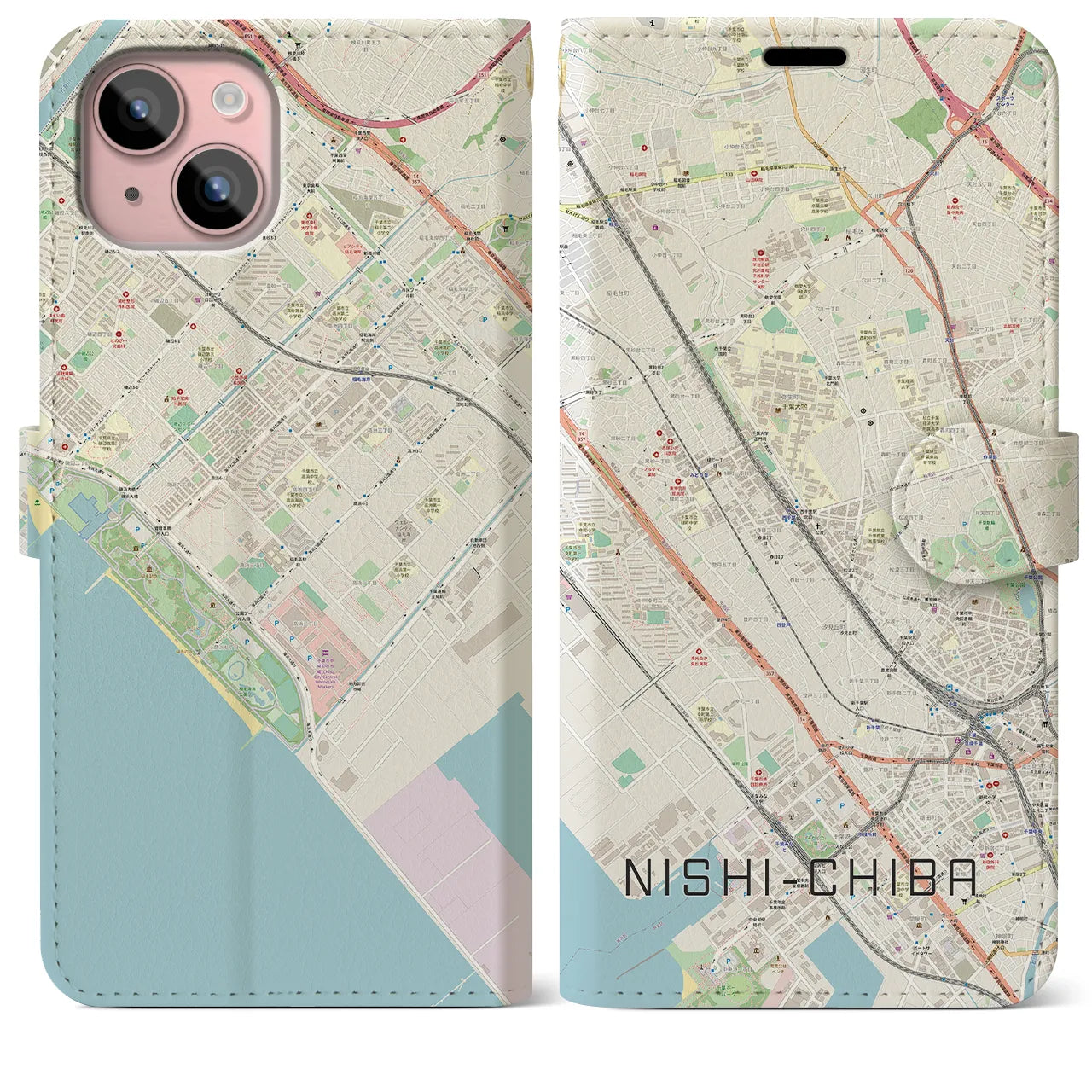 【西千葉】地図柄iPhoneケース（手帳両面タイプ・ナチュラル）iPhone 15 Plus 用
