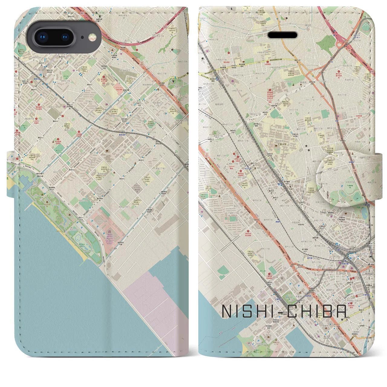 【西千葉】地図柄iPhoneケース（手帳両面タイプ・ナチュラル）iPhone 8Plus /7Plus / 6sPlus / 6Plus 用