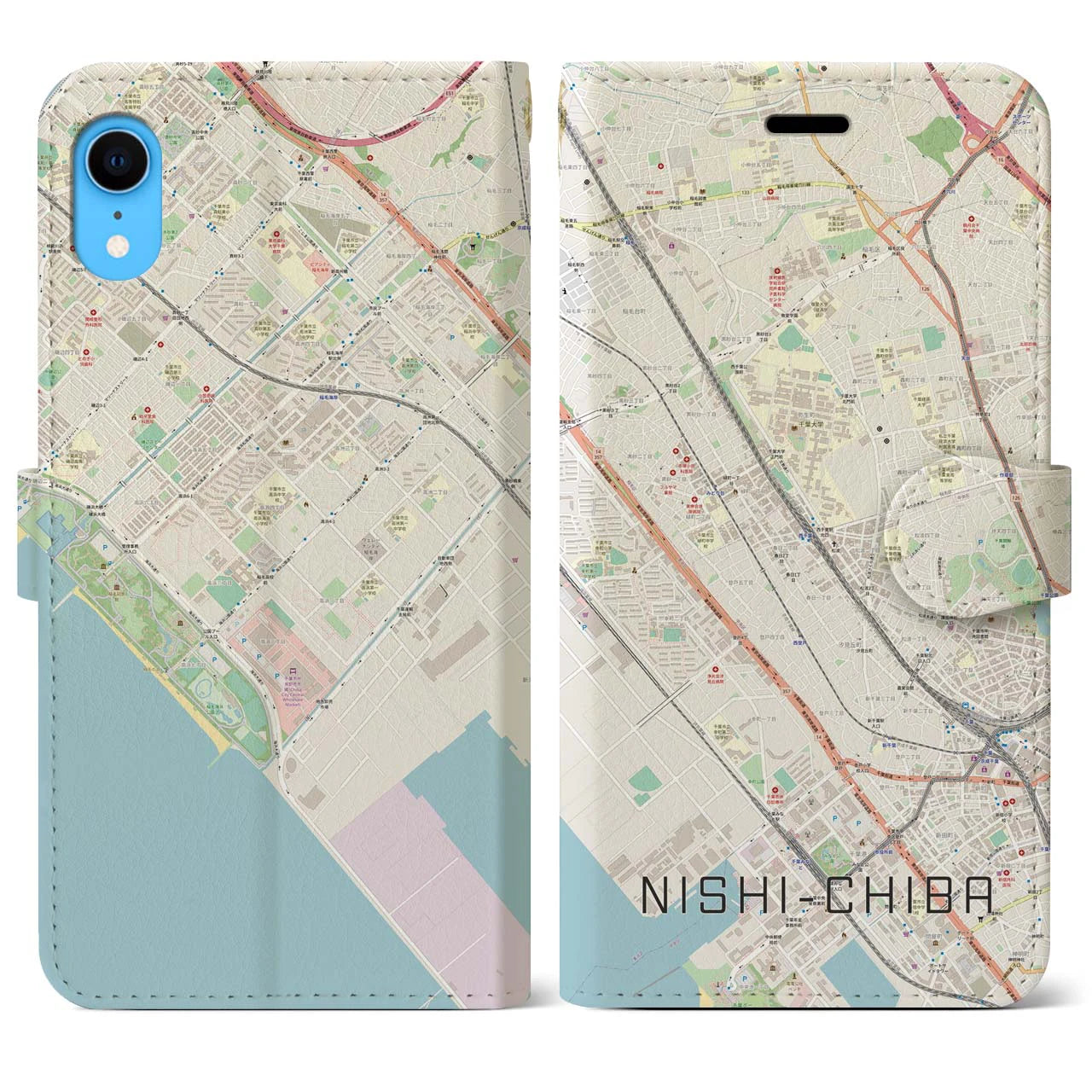 【西千葉】地図柄iPhoneケース（手帳両面タイプ・ナチュラル）iPhone XR 用