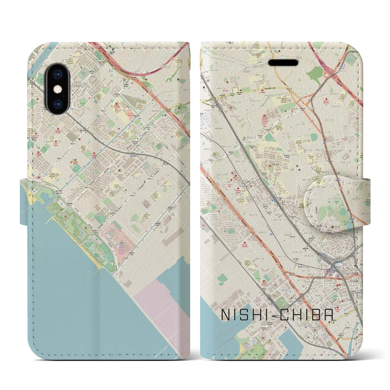 【西千葉】地図柄iPhoneケース（手帳両面タイプ・ナチュラル）iPhone XS / X 用