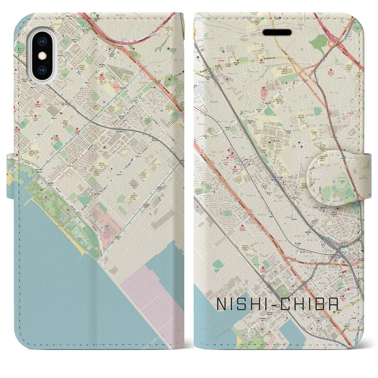 【西千葉】地図柄iPhoneケース（手帳両面タイプ・ナチュラル）iPhone XS Max 用