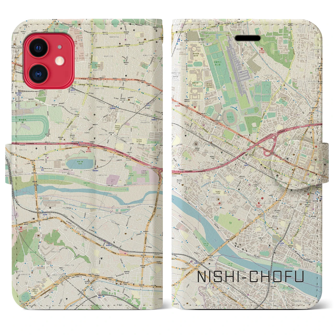 【西調布】地図柄iPhoneケース（手帳両面タイプ・ナチュラル）iPhone 11 用