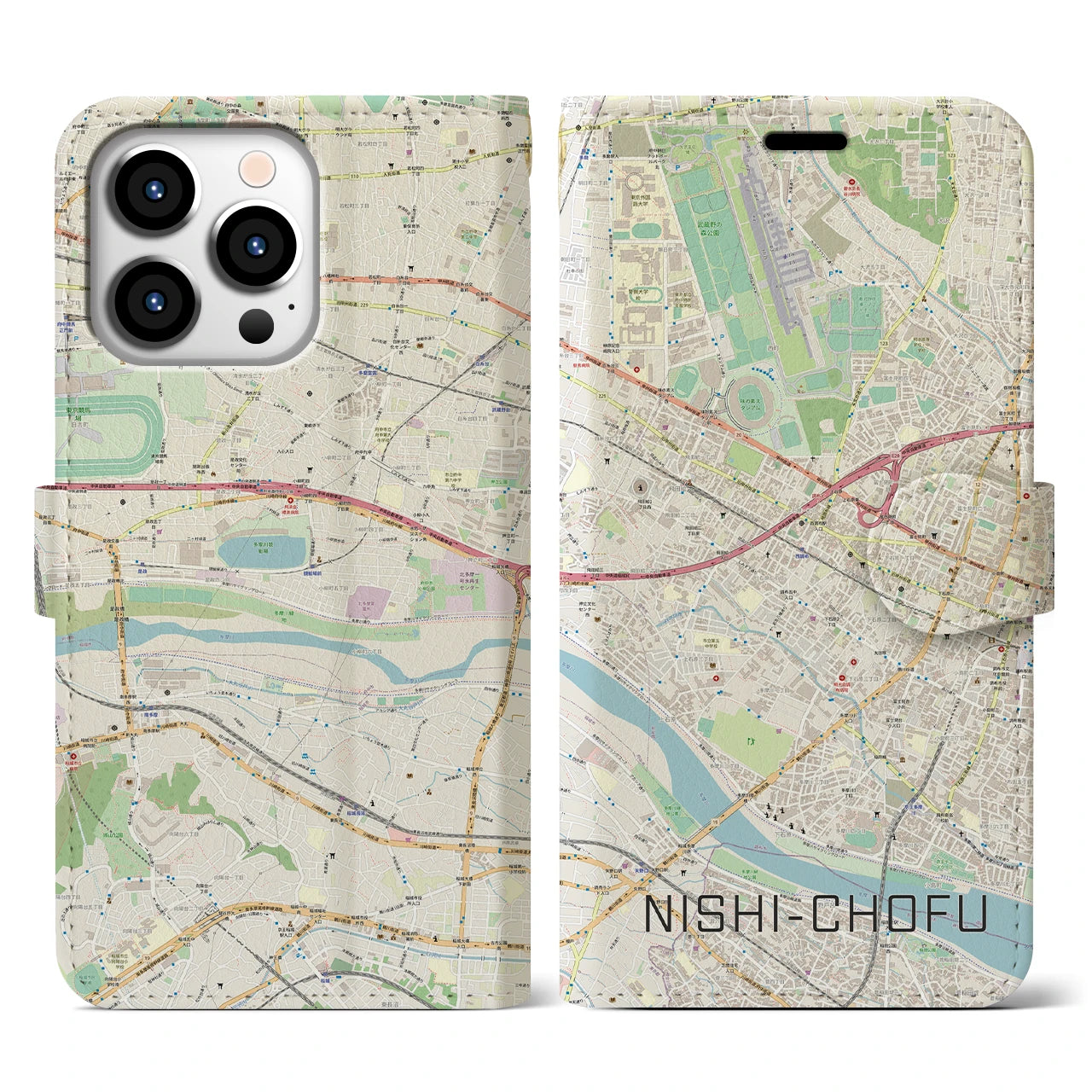 【西調布】地図柄iPhoneケース（手帳両面タイプ・ナチュラル）iPhone 13 Pro 用