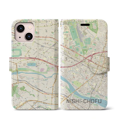 【西調布】地図柄iPhoneケース（手帳両面タイプ・ナチュラル）iPhone 13 mini 用