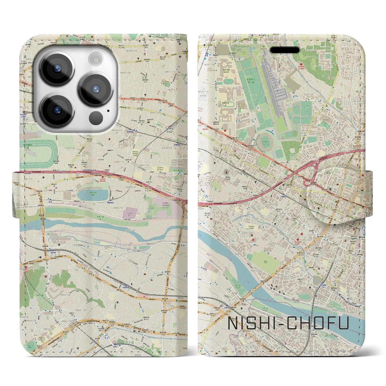 【西調布】地図柄iPhoneケース（手帳両面タイプ・ナチュラル）iPhone 14 Pro 用