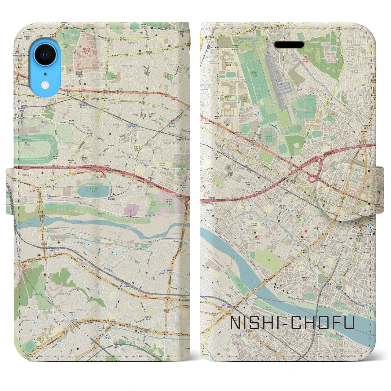 【西調布】地図柄iPhoneケース（手帳両面タイプ・ナチュラル）iPhone XR 用