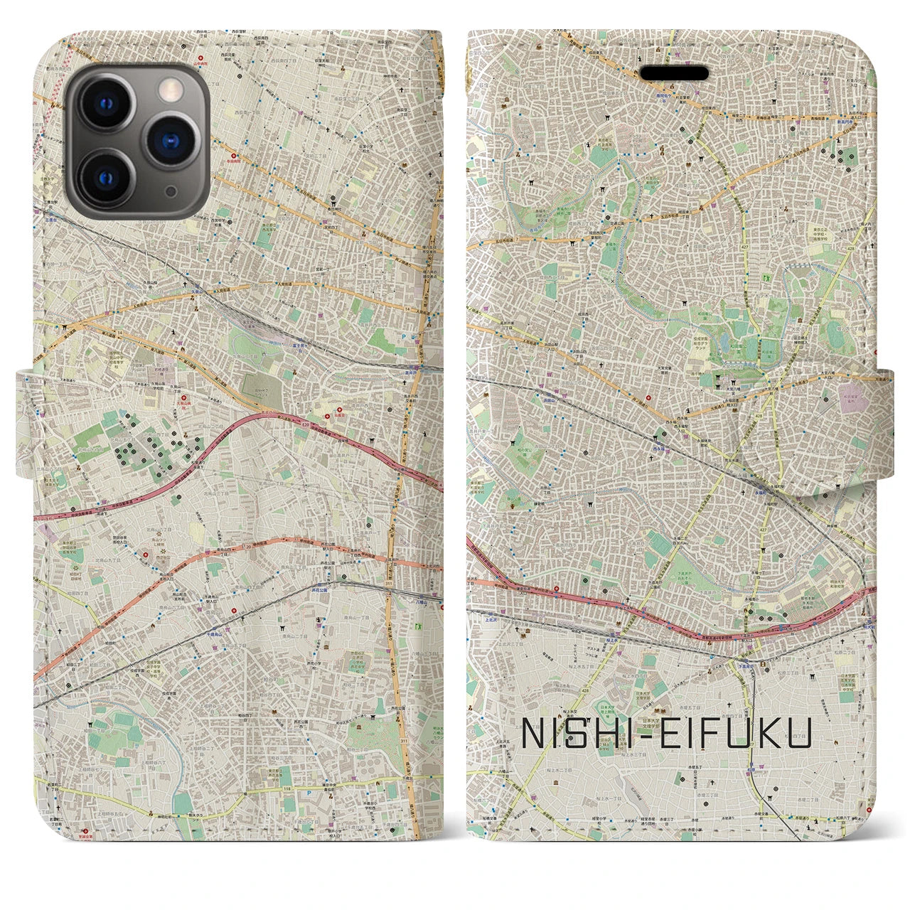 【西永福】地図柄iPhoneケース（手帳両面タイプ・ナチュラル）iPhone 11 Pro Max 用