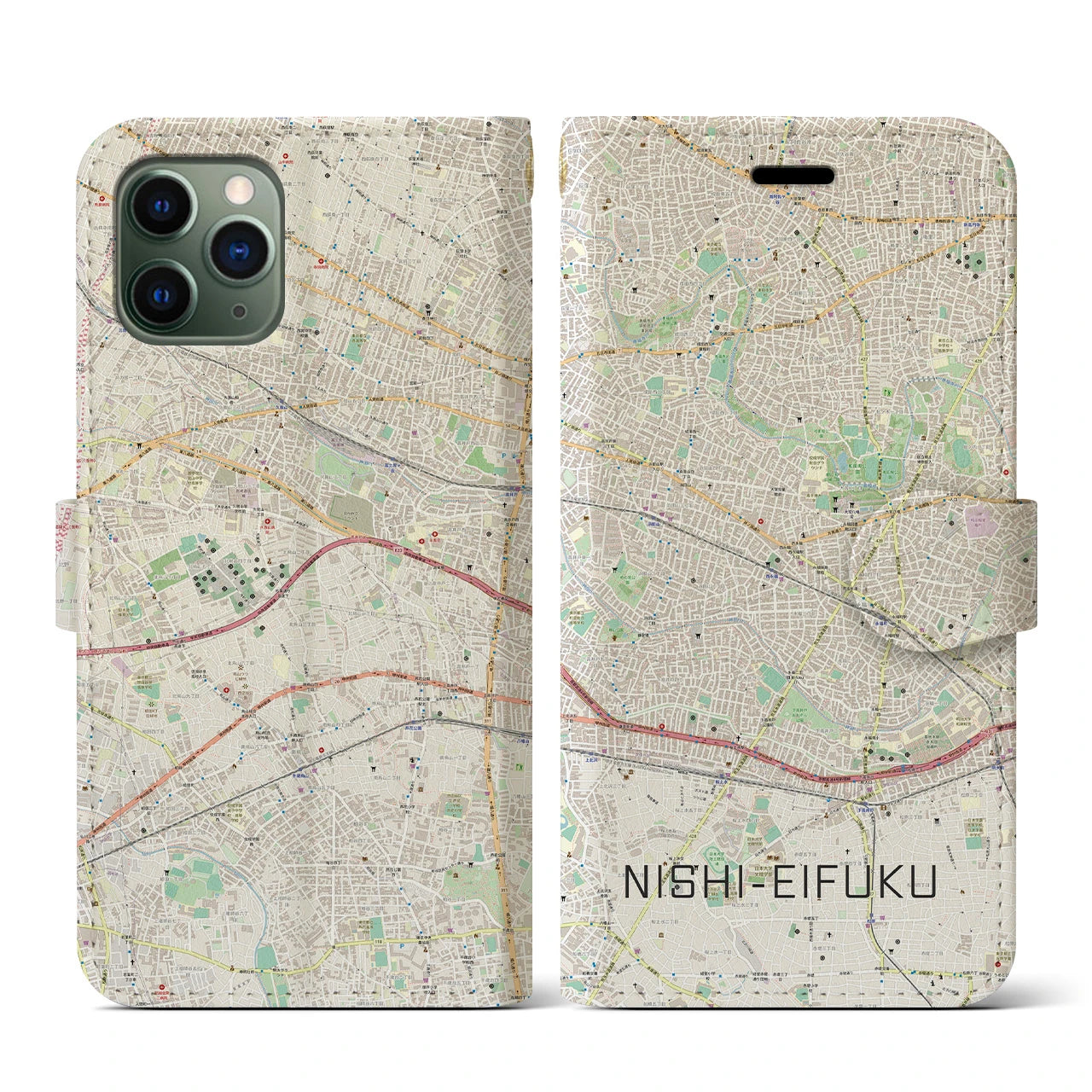【西永福】地図柄iPhoneケース（手帳両面タイプ・ナチュラル）iPhone 11 Pro 用