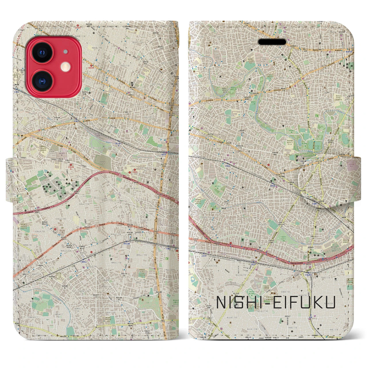 【西永福】地図柄iPhoneケース（手帳両面タイプ・ナチュラル）iPhone 11 用