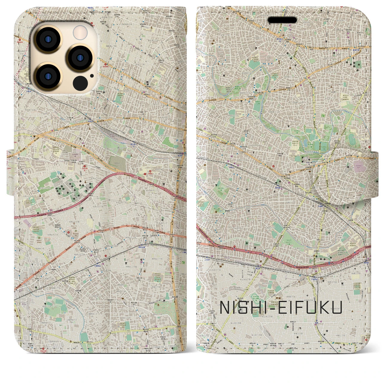 【西永福】地図柄iPhoneケース（手帳両面タイプ・ナチュラル）iPhone 12 Pro Max 用