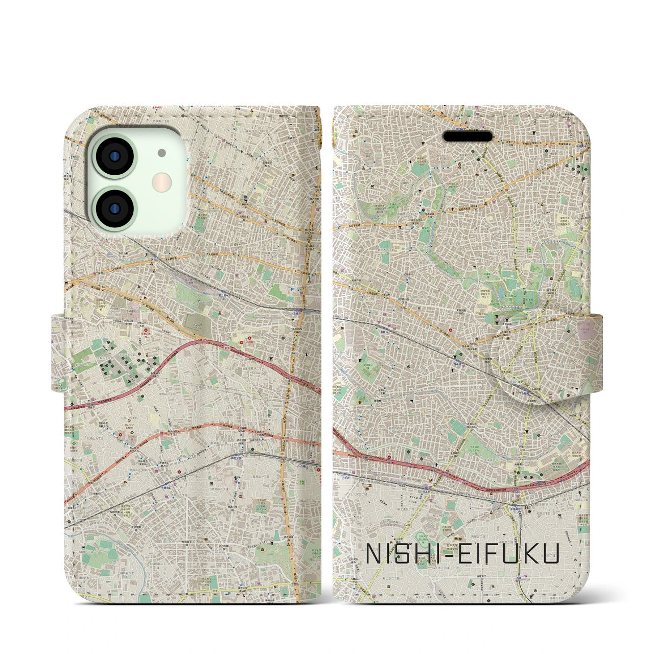 【西永福】地図柄iPhoneケース（手帳両面タイプ・ナチュラル）iPhone 12 mini 用