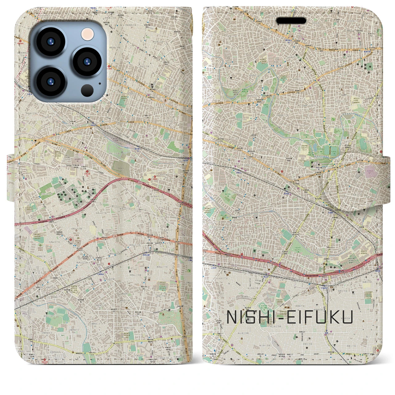 【西永福】地図柄iPhoneケース（手帳両面タイプ・ナチュラル）iPhone 13 Pro Max 用